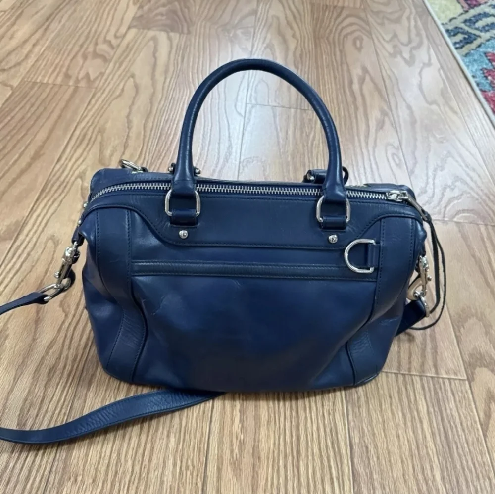 REBECCA MINKOFF MAB MINI BLUE PURPLE STRIPE WEAVE LEATHER LG SATCHEL BAG